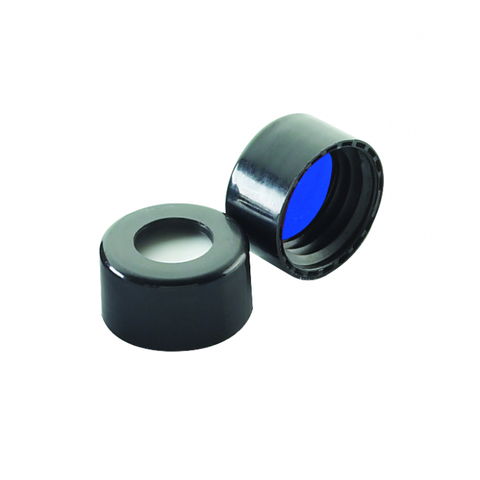 WHEATON® 9 mmABC 螺旋盖，带蓝色 PTFE / 白色硅胶内衬，黑色 PP