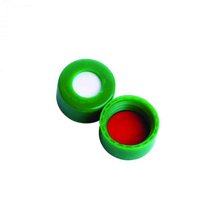WHEATON® 9 mm ABC 螺旋盖，带红色 PTFE / 白色硅胶衬里，绿色 PP