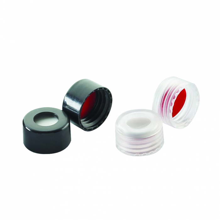 WHEATON® 9 mm ABC螺丝帽，带红色PTFE/白色硅胶内衬（带缝隙），蓝色PP