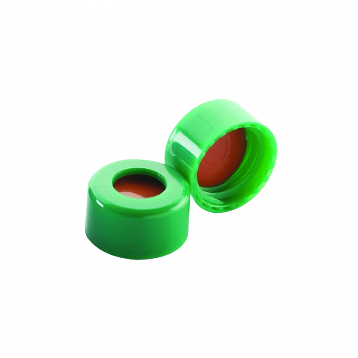 WHEATON® 9 mm ABC 螺旋盖，带白色 PTFE / 红色硅胶衬里，绿色 PP