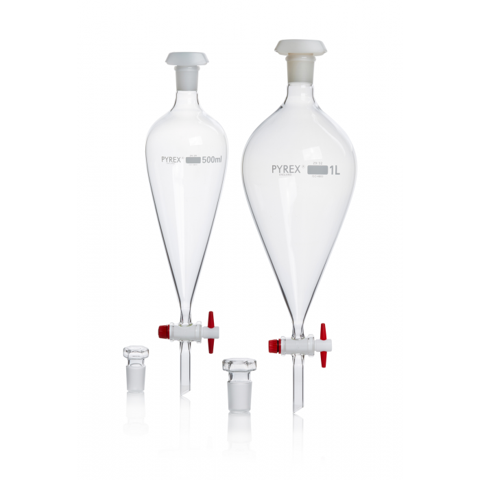 PYREX®分液漏斗，梨形，带 PTFE 截止阀钥匙