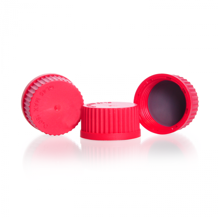 DURAN® GL 45 高温螺旋盖（PBT，红色），带 PTFE 涂层过氧化物固化硅胶帽衬
