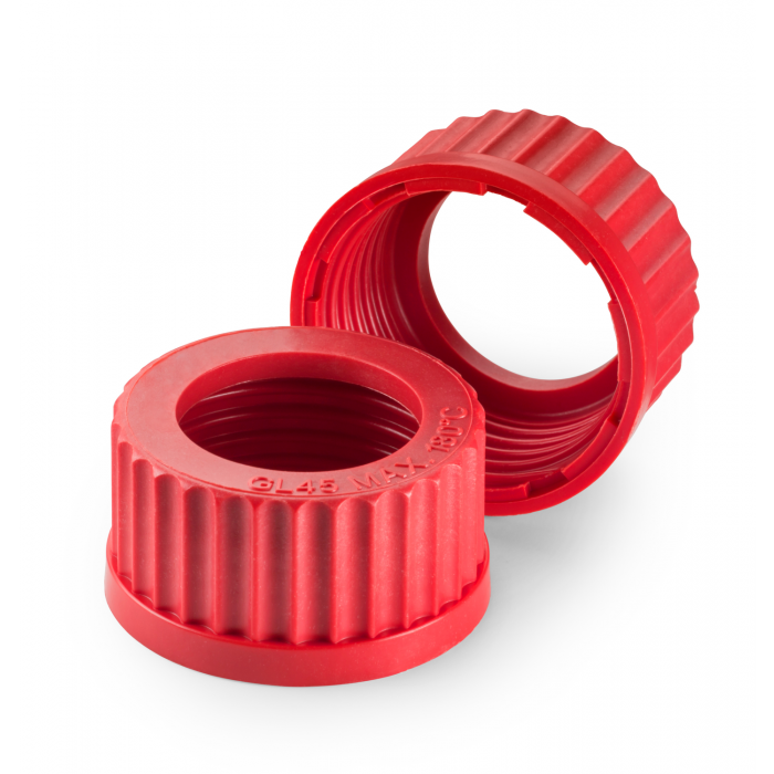 DURAN® 顶开孔螺旋盖，带中心孔，PBT，红色