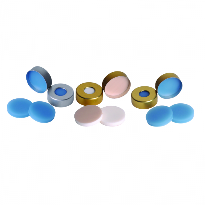 WHEATON® µL MicroLiter® 20 mm 压接密封件（带隔膜），钢制压接密封围裙，棕褐色聚四氟乙烯/白色硅树脂，0.130英寸，加长型围裙
