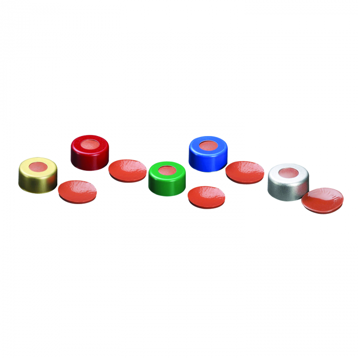 WHEATON® µL MicroLiter® 11 mm 压接密封件（带隔膜），聚四氟乙烯/红色橡胶，蓝色