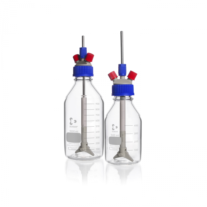 DURAN® GL 45 替换螺旋盖（PP，蓝/灰），带 2 个 GL 14 端口和 2 个 GL 14 盖（PBT，红），用于 GL 45 搅拌瓶反应器，不带搅拌器