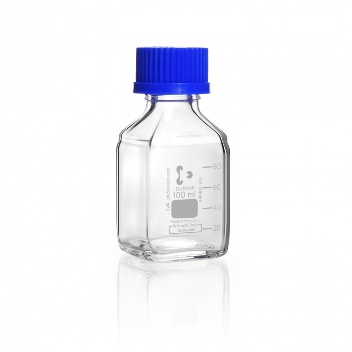DURAN® GL 32 实验室方形瓶，透明，带螺旋盖和倾倒环，PP，蓝色，100 mL