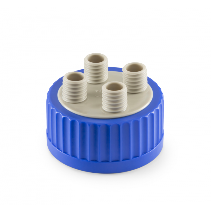 DURAN® GLS 80® 连接盖系统，宽口，带螺旋盖，4 个 GL 18 端口和圆形密封件，PP/EPDM，蓝色/灰色/白色
