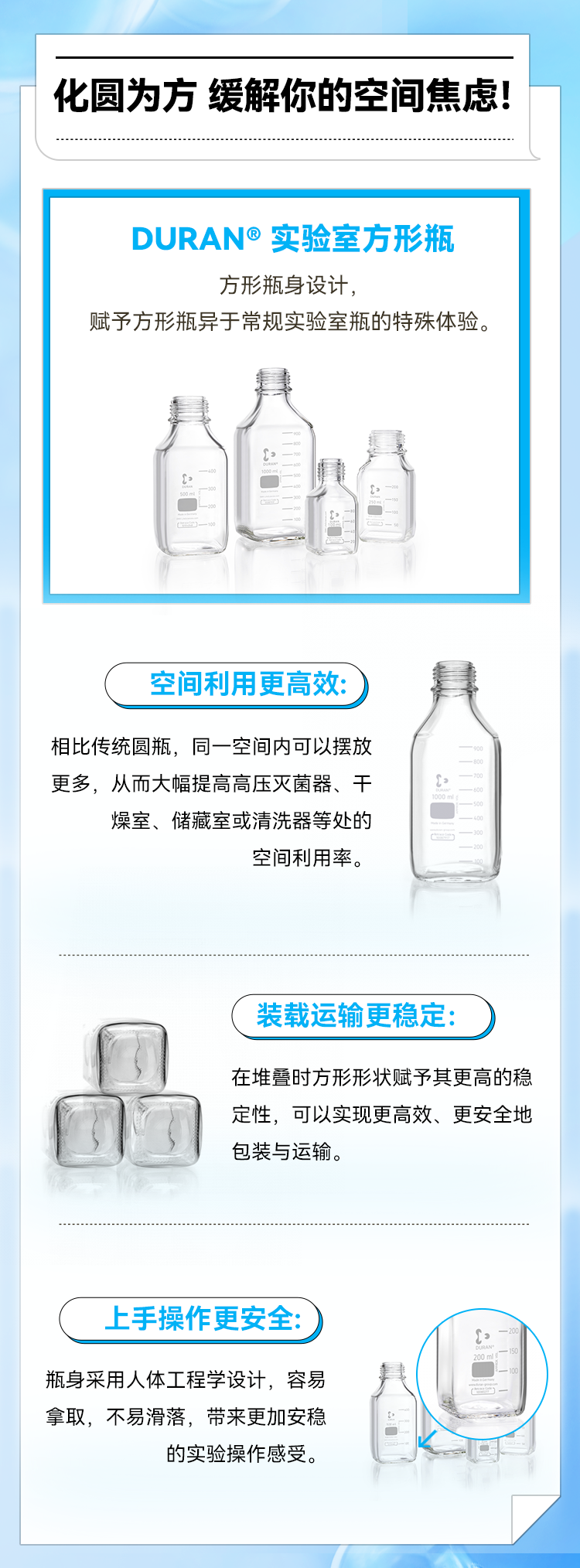 DURAN®实验室方形瓶方形瓶身设计， 赋予方形瓶异于常规实验室瓶的特殊体验：空间利用更高效；装载运输更稳定；上手操作更安全。