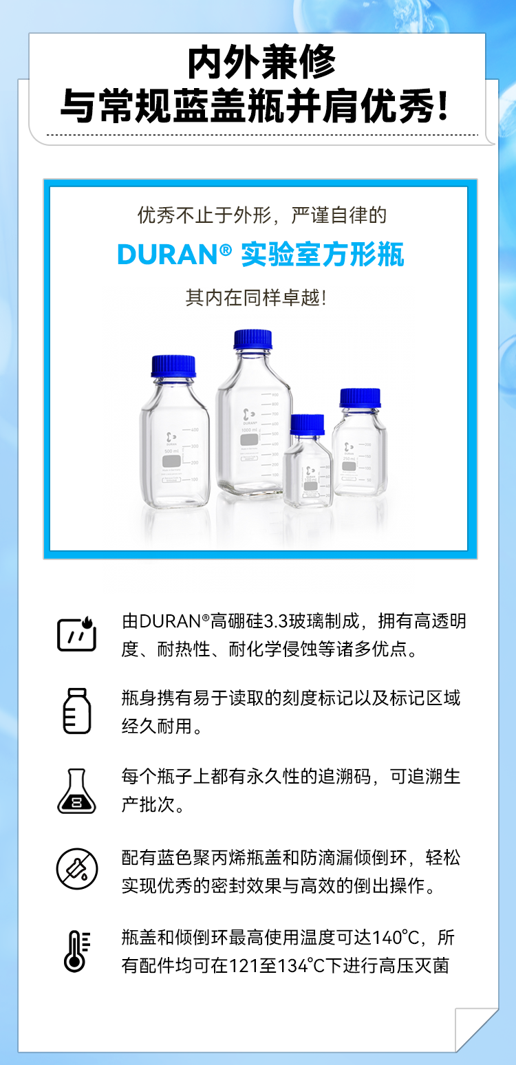 优秀不止于外形，严谨自律的DURAN® 实验室方形瓶其内在同样卓越！