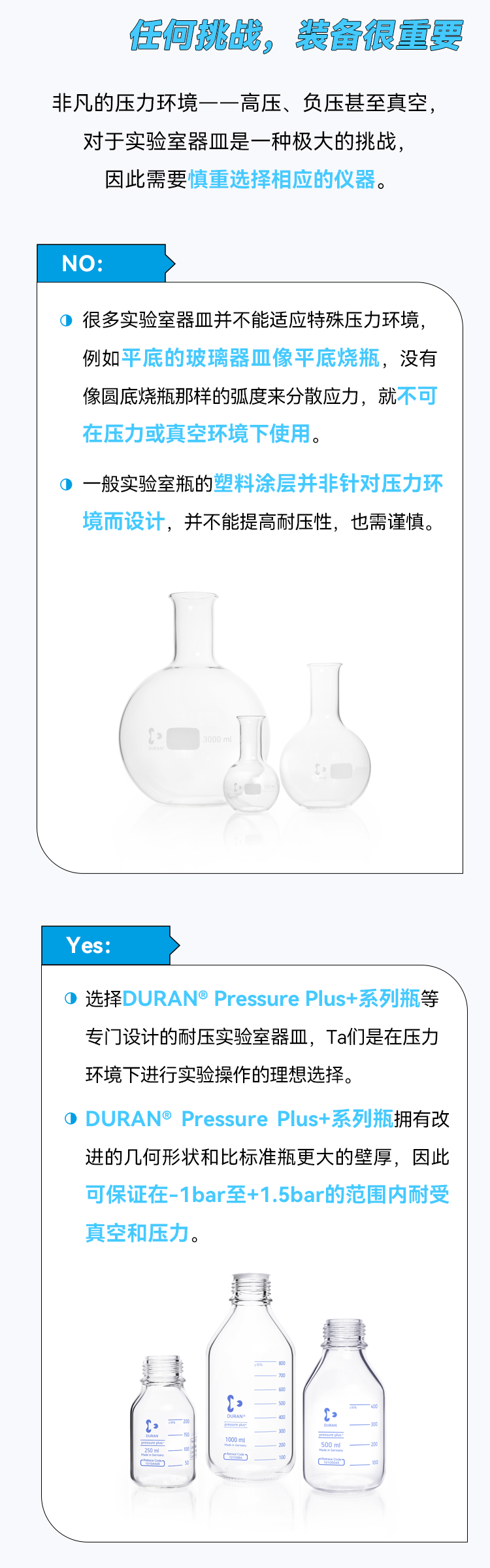 任何挑战，装备很重要非凡的压力环境一一高压、负压甚至真空，对于实验室器皿是一种极大的挑战，因此需要慎重选择相应的仪器。 NO: • 很多实验室器皿并不能适应特殊压力环境，例如平底的玻璃器皿像平底烧瓶，没有像圆底烧瓶那样的弧度来分散应力，就不可在压力或真空环境下使用。 • 一般实验室瓶的塑料涂层并非针对压力环境而设计，并不能提高耐压性，也需谨慎。 Yes： • 选择DURAN®Pressure Plus+系列瓶等专门设计的耐压实验室器皿，Ta们是在压力环境下进行实验操作的理想选择。 • DURAN® Pressure Plus+系列瓶拥有改进的几何形状和比标准瓶更大的壁厚，因此可保证在-1bar至+1.5bar的范围内耐受真空和压力。