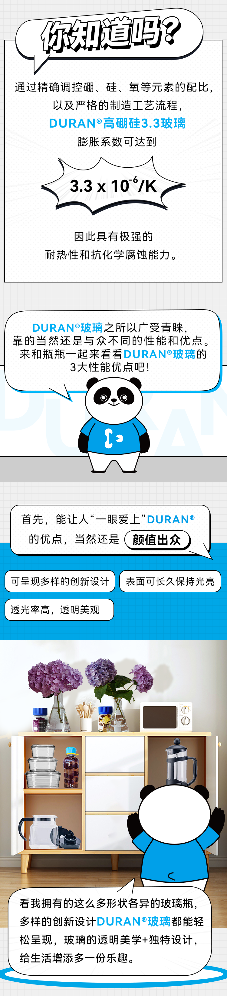 你知道吗？ 通过精确调控硼、硅、氧等元素的配比，以及严格的制造工艺流程，DURAN®高硼硅3.3玻璃 膨胀系数可达到 3.3 × 10'/K 因此具有极强的 耐热性和抗化学腐蚀能力。 DURAN®玻璃之所以广受青睐，靠的当然还是与众不同的性能和优点。 来和瓶瓶一起来看看DURAN®玻璃的 3大性能优点吧！ 首先，能让人“一眼爱上”DURAN®的优点，当然还是颜值出众 可呈现多样的创新设计表面可长久保持光亮 透光率高，透明美观 看我拥有的这么多形状各异的玻璃瓶，多样的创新设计DURAN®玻璃都能轻松呈现，玻璃的透明美学+独特设计，给生活增添多一份乐趣。