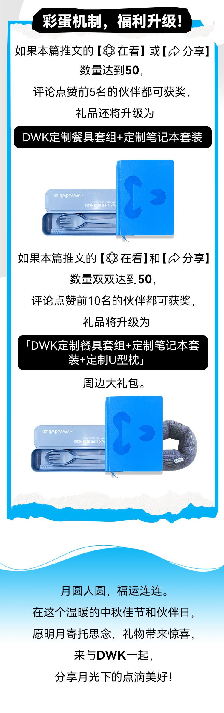 彩蛋机制，福利升级！ 如果本篇推文的【安在看】或【分分享】 数量达到50， 评论点赞前5名的伙伴都可获奖，礼品还将升级为 DWK定制餐具套组+定制笔记本套装 如果本篇推文的【母在看】和【今分享】 数量双双达到50， 评论点赞前10名的伙伴都可获奖，礼品将升级为 「DWK定制餐具套组+定制笔记本套装+定制U型枕」周边大礼包。 月圆人圆，福运连连。 在这个温暖的中秋佳节和伙伴日，愿明月寄托思念，礼物带来惊喜，来与DWK一起， 分享月光下的点滴美好！