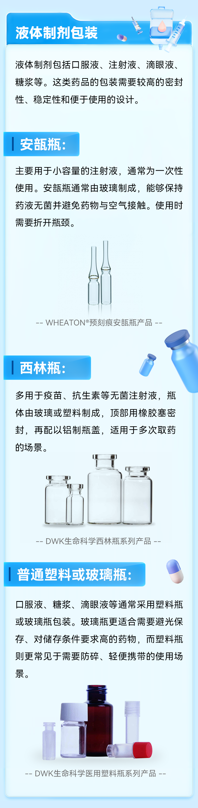 液体制剂包括口服液、注射液、滴眼液、糖浆等。这类药品的包装需要较高的密封性、稳定性和便于使用的设计。