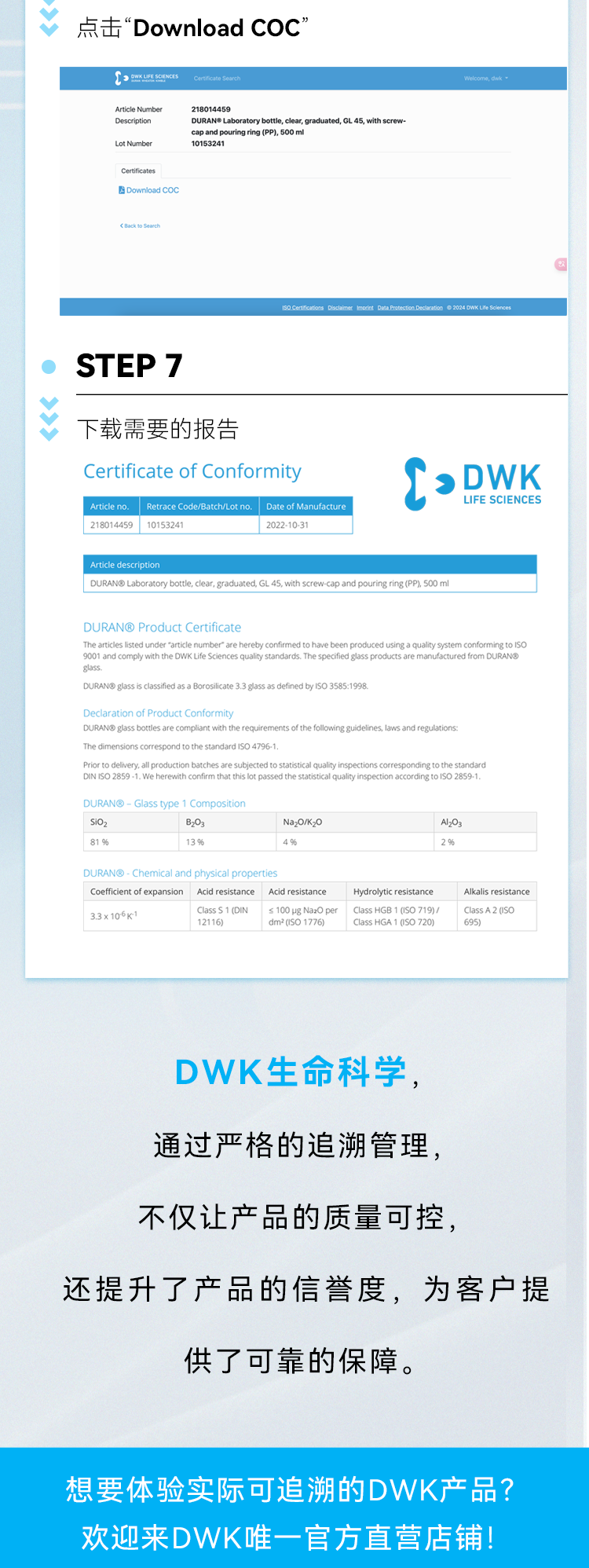 STEP 7 下载需要的报告. DWK生命科学，通过严格的追溯管理，不仅让产品的质量可控， 还提升了产品的信誉度，为客户提供了可靠的保障。 